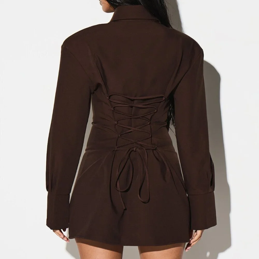 Brown Elegant Women's Long Sleeve Collared Tie Waist Mini Dress